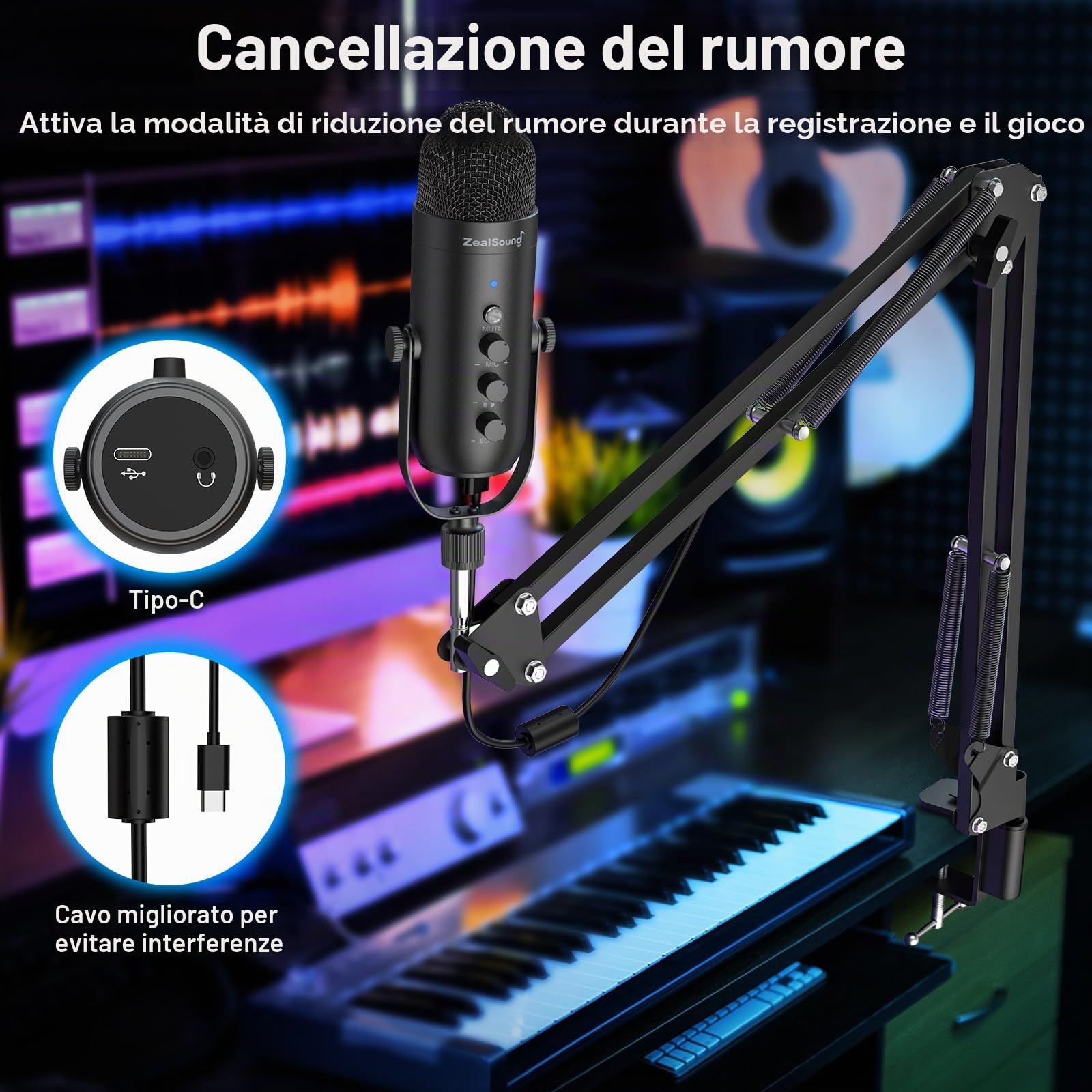 zealsound Microfono USB Kit, Podcasting Condensatore Pacchetto microfono per PC Phone, con adattatore Tipo C, Muto, Guadagno Manopola, Braccio, per Registrazione,TikTok Streaming,Youtube