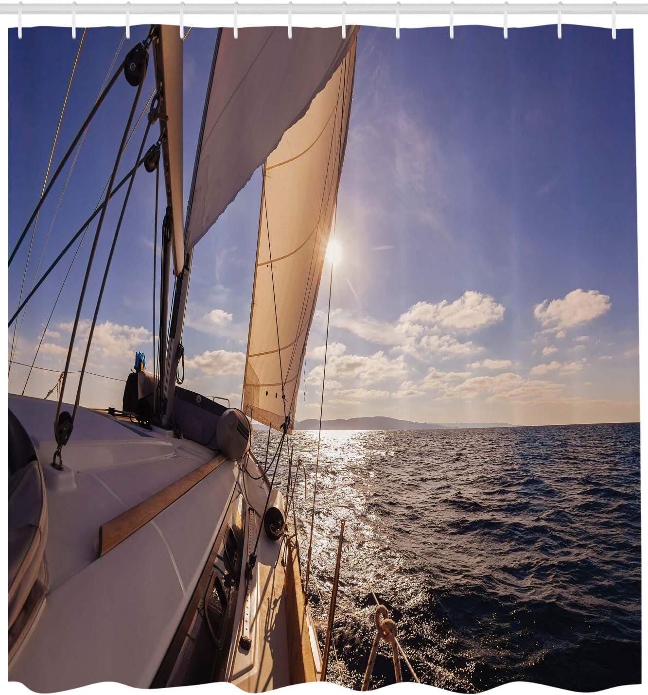 Ambesonne Sailboat Nautical Shower Curtain, Sailing Boat from a Wide Angle View in The Sea Sunbeams Ship Lifestyle Picture Print, Cloth Fabric Bathroom Decor Set with Hooks, 69" W x 84" L, Muave Blue