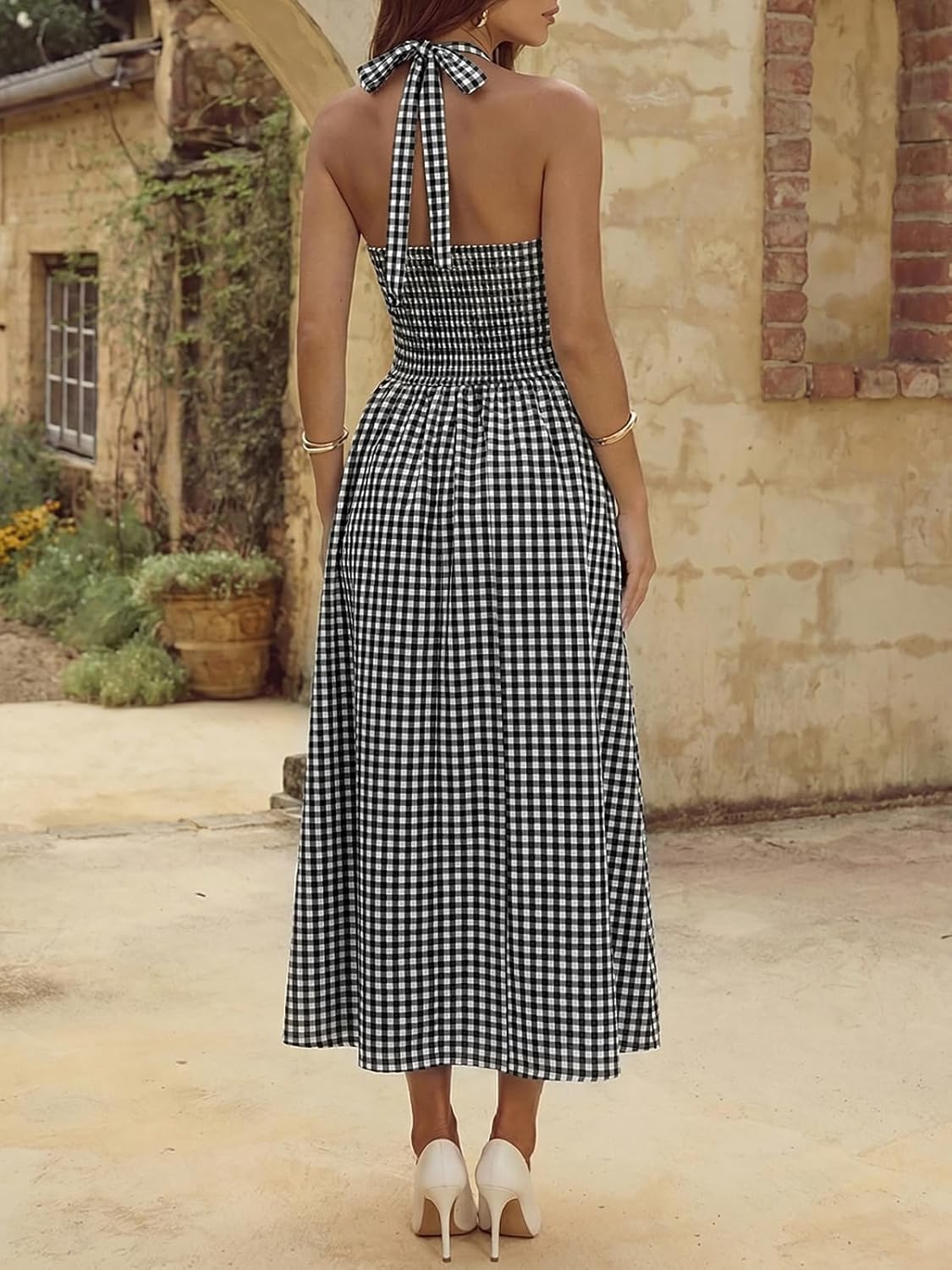 Wenrine Womens Halter V Neck Corset Maxi Dresses Summer Plaid Smocked Tie Back Backless Wedding Guest Drop Waist Dress