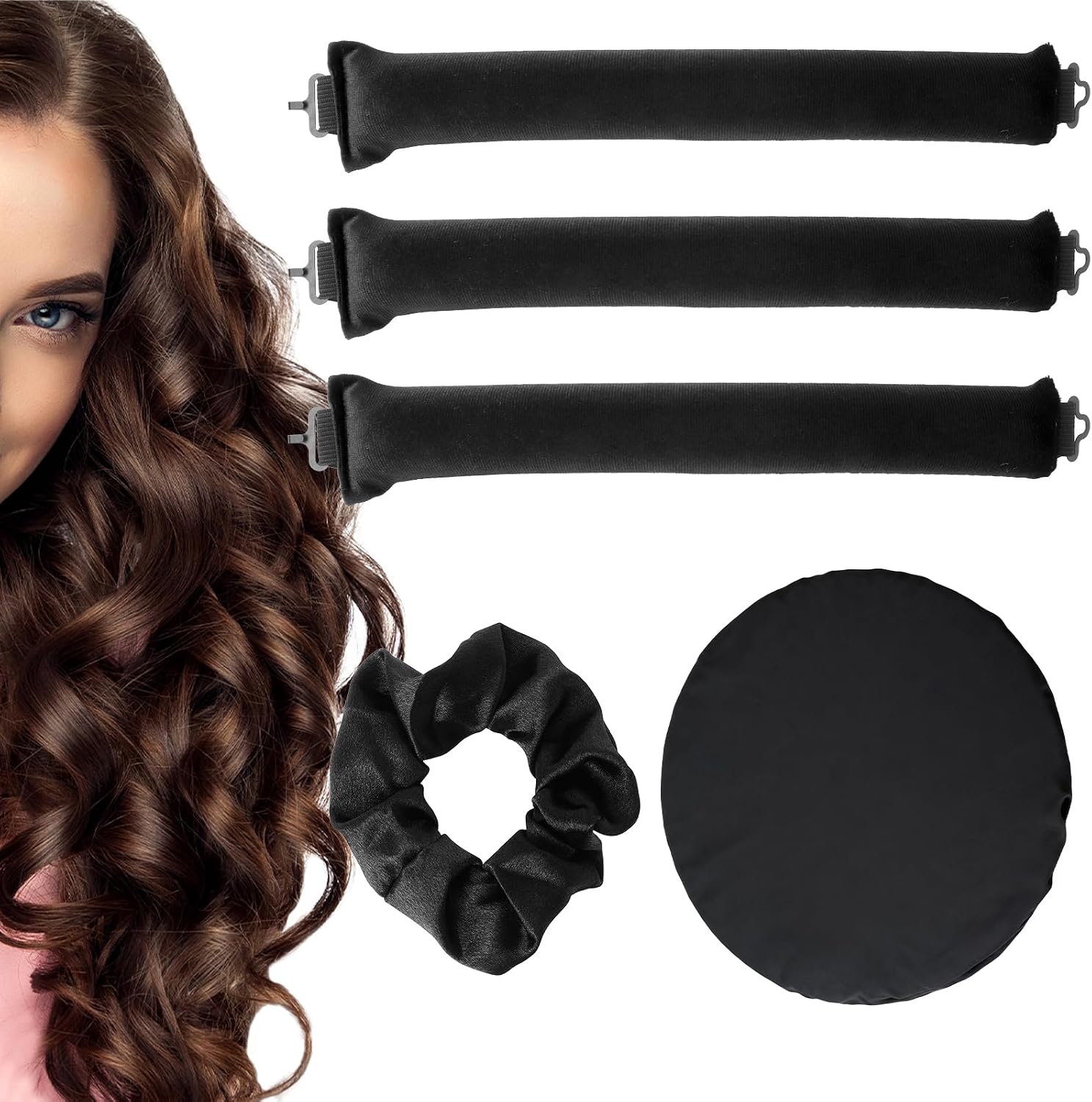 3 szt. Heatless Curls Band z czepkiem do spania, Overnight Blowout Rods