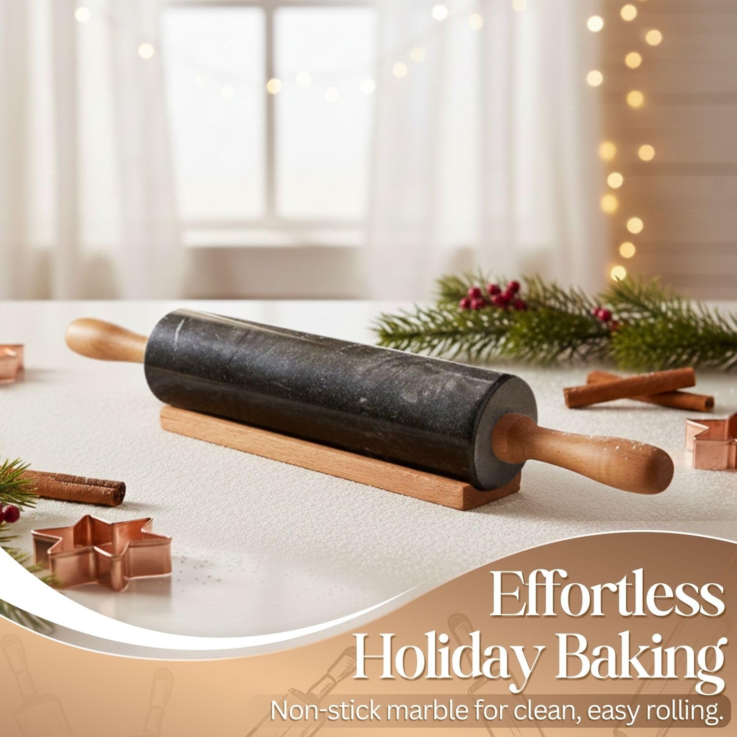Flexzion Rodillo de mármol negro, 10 pulgadas con mango de madera y soporte de base de soporte, rodillo de mármol para hornear, pastelería, pizza, masa, fondant, galletas, corteza, pasta, panadería,