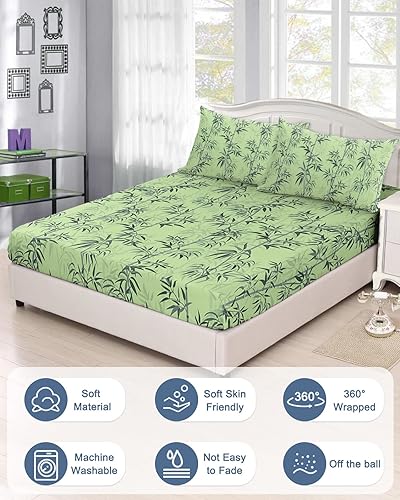 Miniatura 3 de Sábanas bajeras de bambú chino con diseño de plantas forestales, tamaño California King, con bolsillos profundos de 5 a 16 pulgadas, juego de