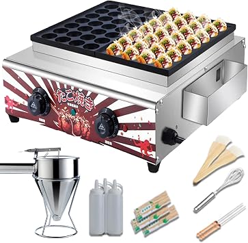 Commercial Takoyaki Maker, 56 Holes Electric Octopus Ball Machine With Separating Funnel Cup& 3 Squeeze Sauce Bottle