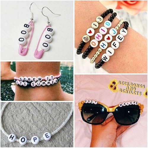 Miniatura 5 de PlusWin 1000 cuentas de letras redondas del alfabeto de 0.157 x 0.276 pulgadas (0.157 x 0.276 in), 4 estilos mixtos, cuentas y surtidos de cuentas