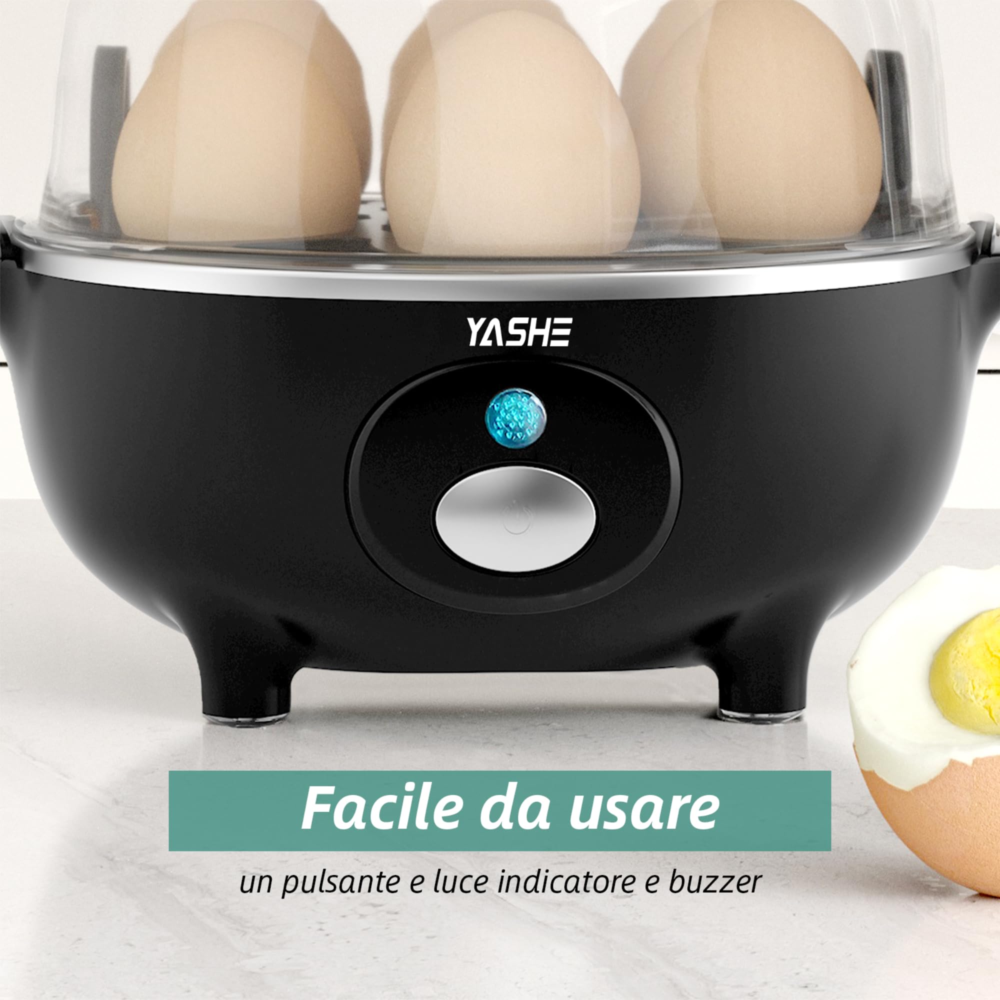 YASHE Cuociuova, 360W Cucina Compatta Multifunzione, 7 Uova facili da sbucciare, morbide, medie, dure, Poacher， Cuiseur vapeur, Segnale Acustico, luce indicatrice, BPA FREE