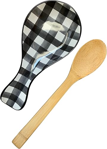 Miniatura 3 de Buffalo - Juego de cuchara y soporte para cucharas a cuadros, soporte para cuchara grande en blanco y negro con cuchara de bambú, 10.25 x 4.9 x 1