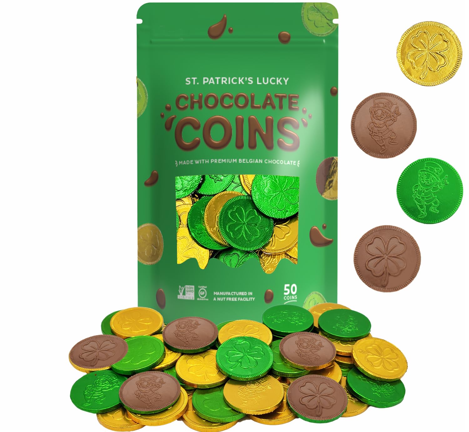St. Patrick's Day Milk Chocolate Green & Gold Coin, 200 Coins, Shamrock & Leprechaun Themed Coins, Parties, Events and Celebrations, Perfect for Gift Bags and Festive Decorations, 4.5g Milk Chocolate Coin