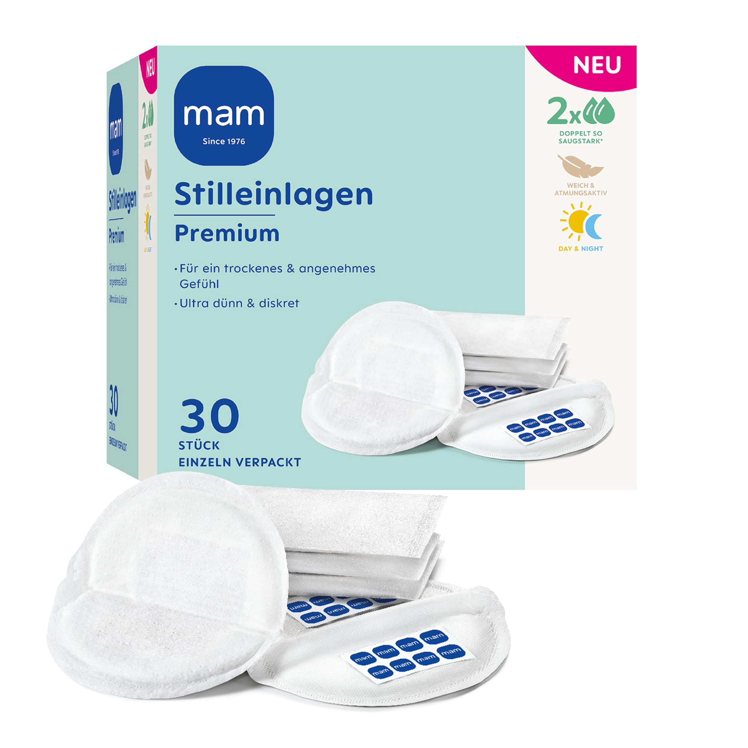 MAM Premium Stilleinlagen | Extra saugstarke & ultra dünne Muttermilch absorbierende Stillpads | Optimaler Halt | Für alle Brustgrößen geeignet | 30 Stück
