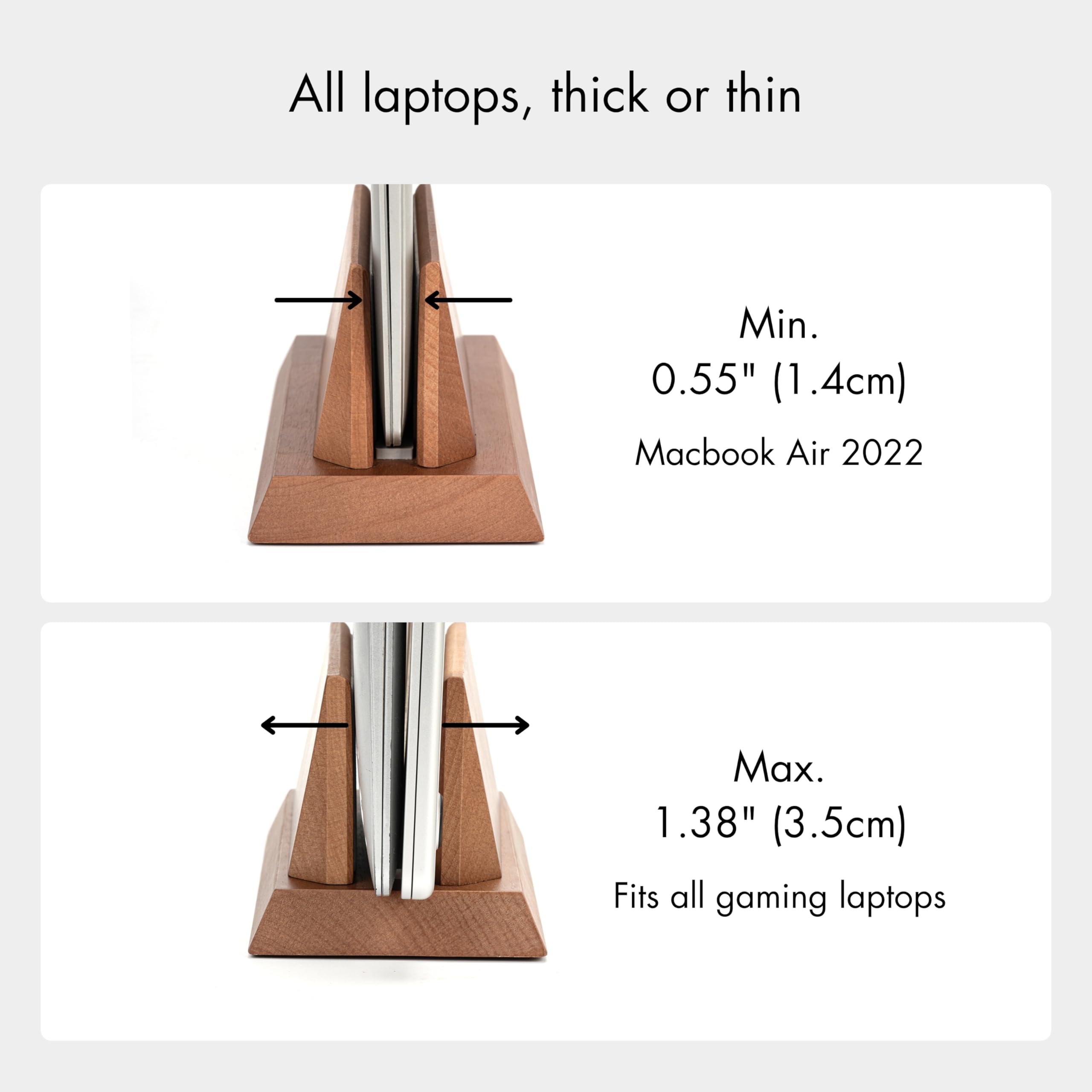 Soporte vertical para laptop, organizador de madera maciza para MacBook | Ancho ajustable, compatible con todos los portátiles y almohadillas, base resistente y estable, hecho de haya de calidad