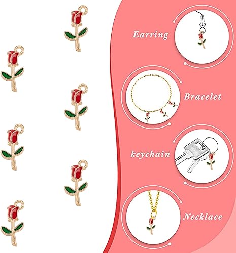 Miniatura 4 de DanLingJewelry 100 dijes de rosa roja esmaltada de aleación de esmalte de flores, mini dijes de rosas para hacer collares, pulseras, joyas