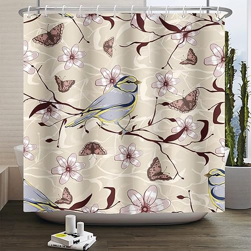 Miniatura 4 de Yeele Cortina de ducha con diseño de pájaros lindos cortina de ducha beige con pájaros cortina de ducha impermeable para decoración de baño con