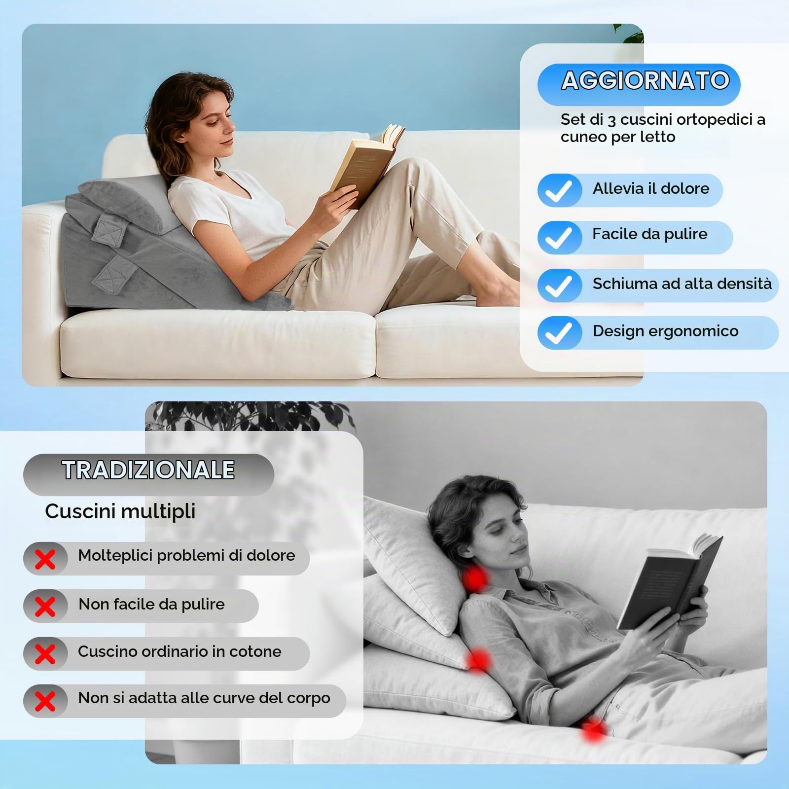 Cuscino a cuneo per letto e divano, cuscino da lettura a doppio strato in memory foam, cuscino a cuneo regolabile, cuscino ergonomico per gambe, cuscino per la schiena per giocare, leggere (grigio