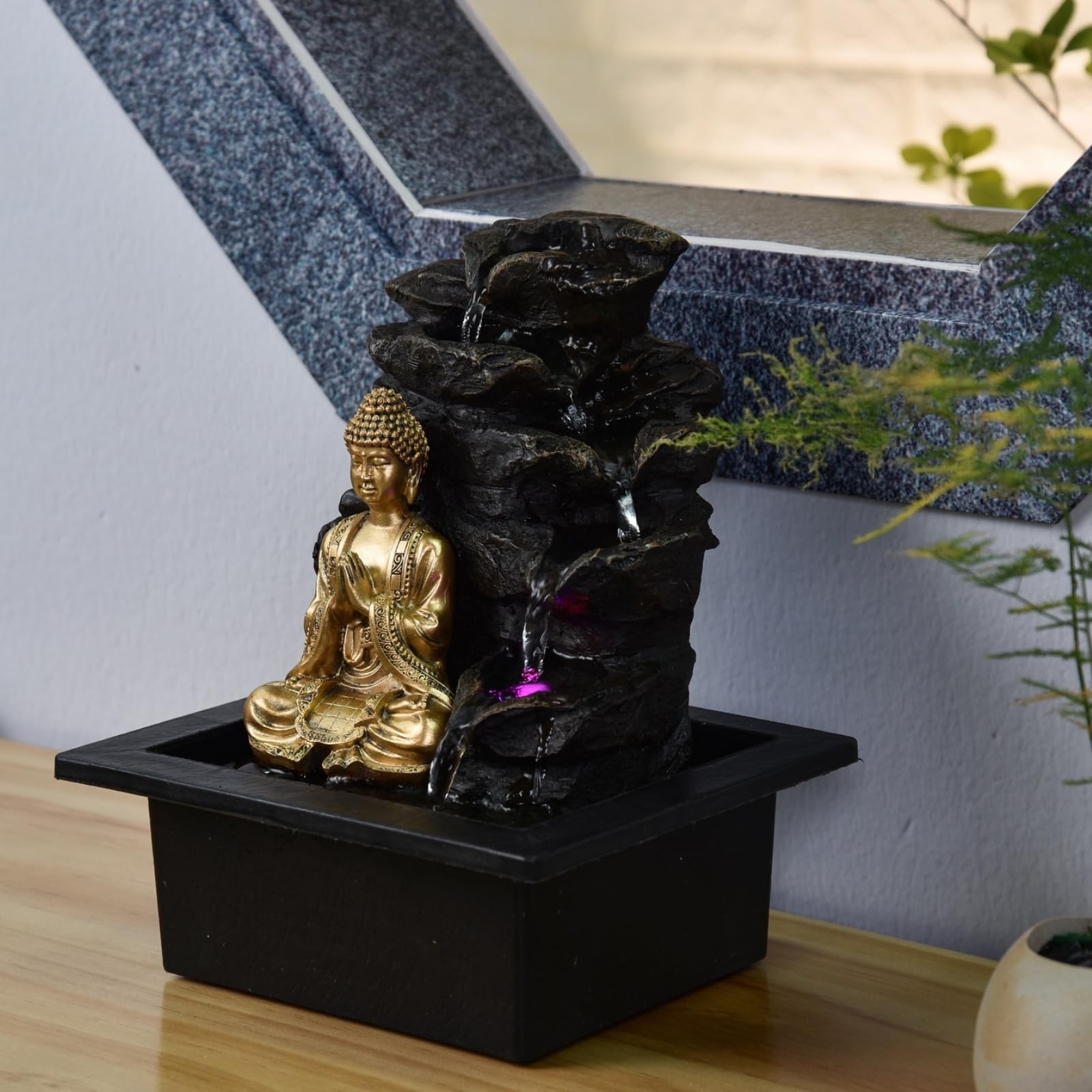 Zen Light - Shira, fontana da interno con pompa e Illuminazione a LED, in resina, nera, misura unica