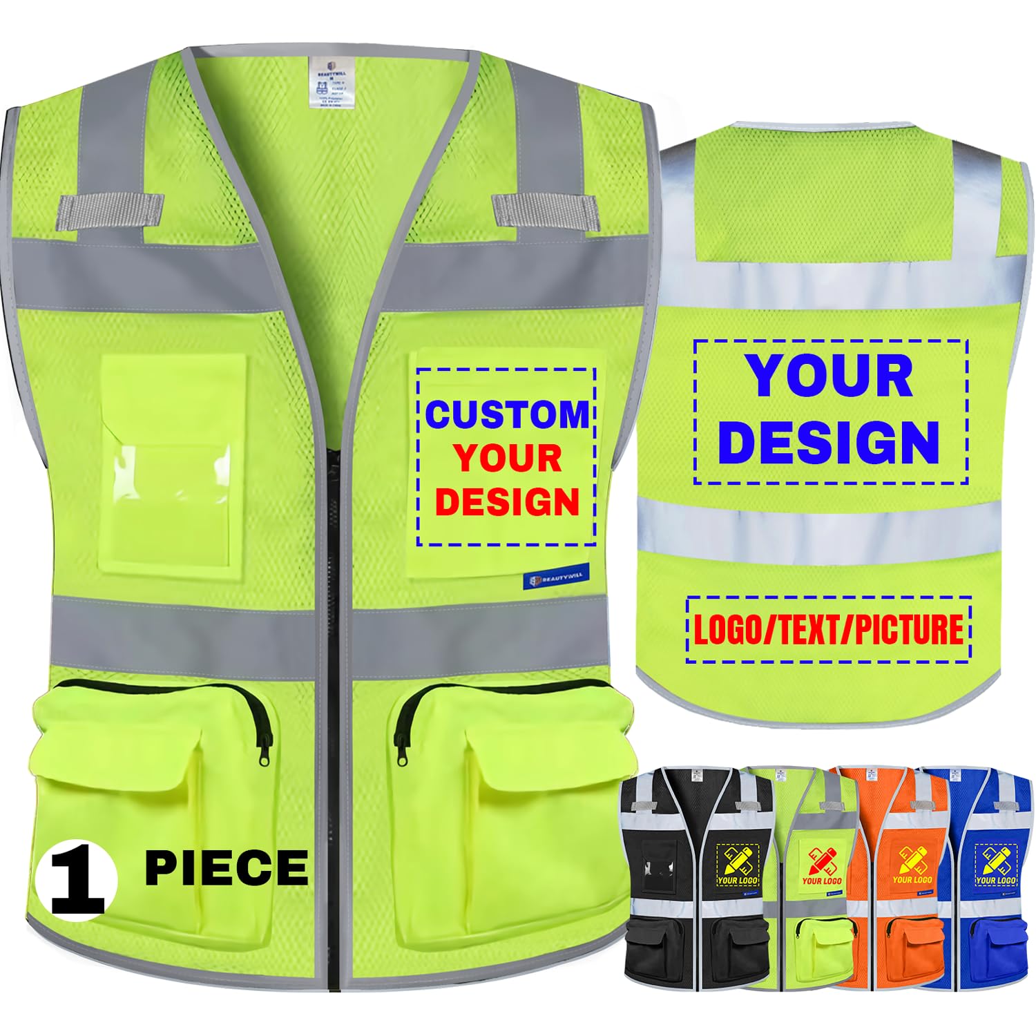 BeautyWill Custom Logo Safety Vest 8-Pockets Class2 High Visibility Reflective Vest for Men - Personalized Logo Team Vest