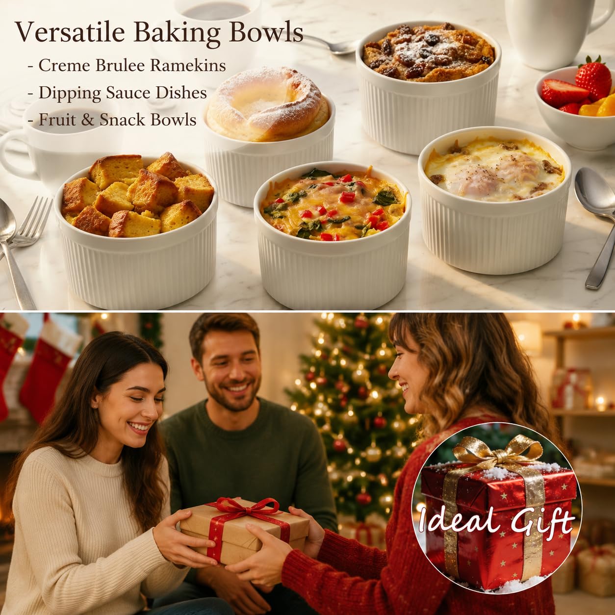 Lot de 4 ramequins avec couvercles - Passent au four - 414 g - Pour crème brûlée - Petits ramequins en porcelaine pour pâtisserie, soufflés, sauces, desserts - Blanc (11,4 cm)
