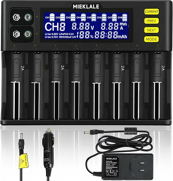 18650 Battery Charger, MIEKLALE 8+2 Bays Smart Universal Battery Charger with LCD Display for Rechargeable Batteries Li-ion LiFePO4 RCR123 16340 26650 10440 14500 & 9V, NiMH NiCd AAA AA(8+2Slots)