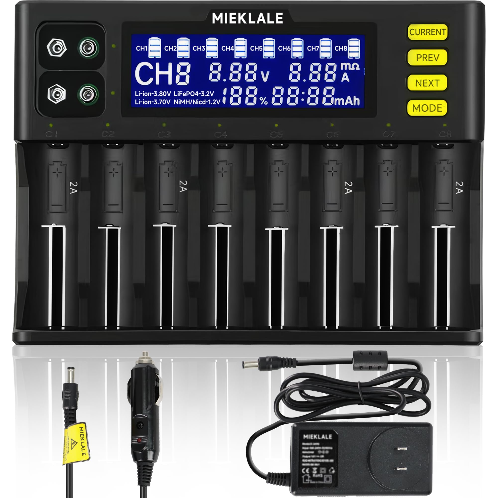 18650 Battery Charger, MIEKLALE 8+2 Bays Smart Universal Battery Charger with LCD Display for Rechargeable Batteries Li-ion LiFePO4 RCR123 16340 26650 10440 14500 & 9V, NiMH NiCd AAA AA(8+2Slots)