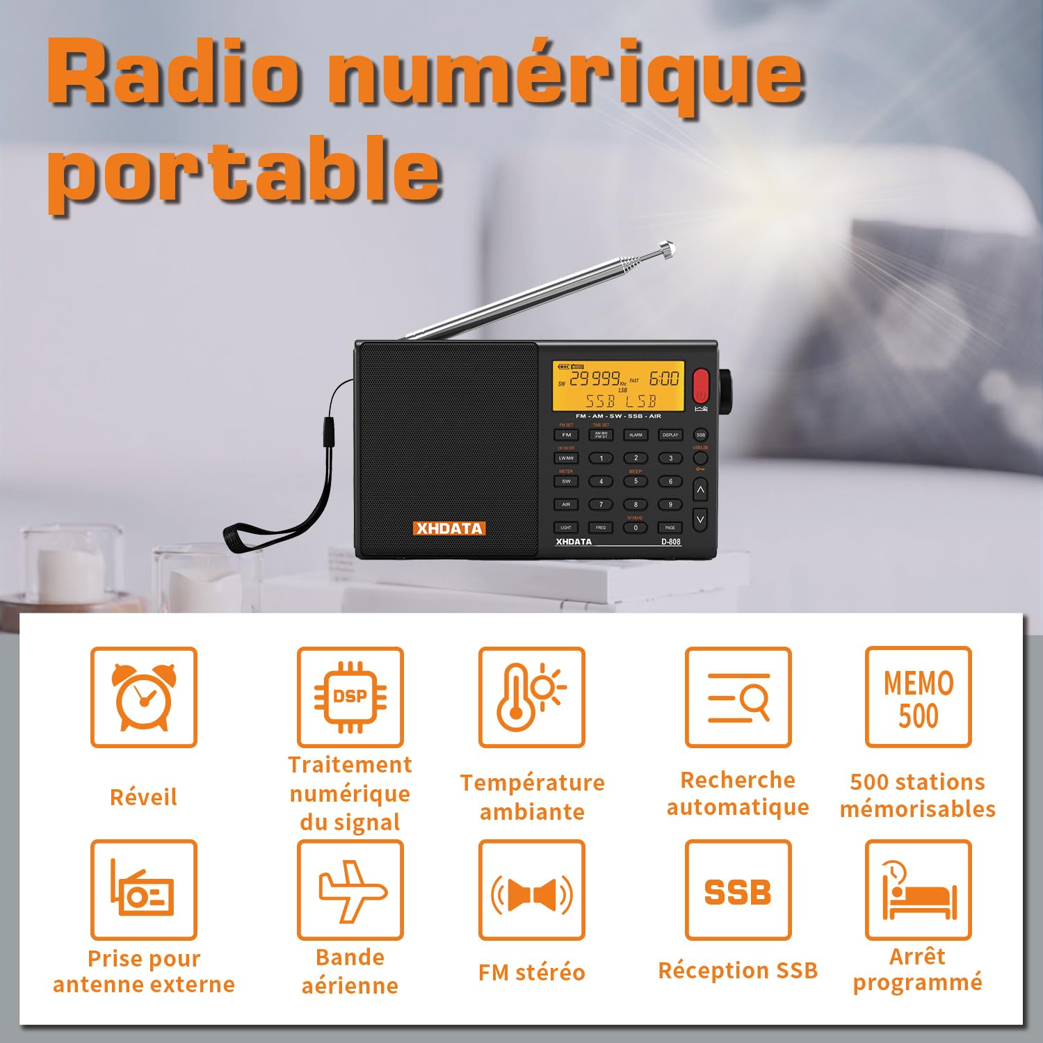 XHDATA D-808 Ondes Courtes Radio Portable, Poste Radio FM/SW/MW/LW SSB Air Band World Receiver, RDS, Radio a Pile Rechargeable, avec Antenne Externe (Noir)