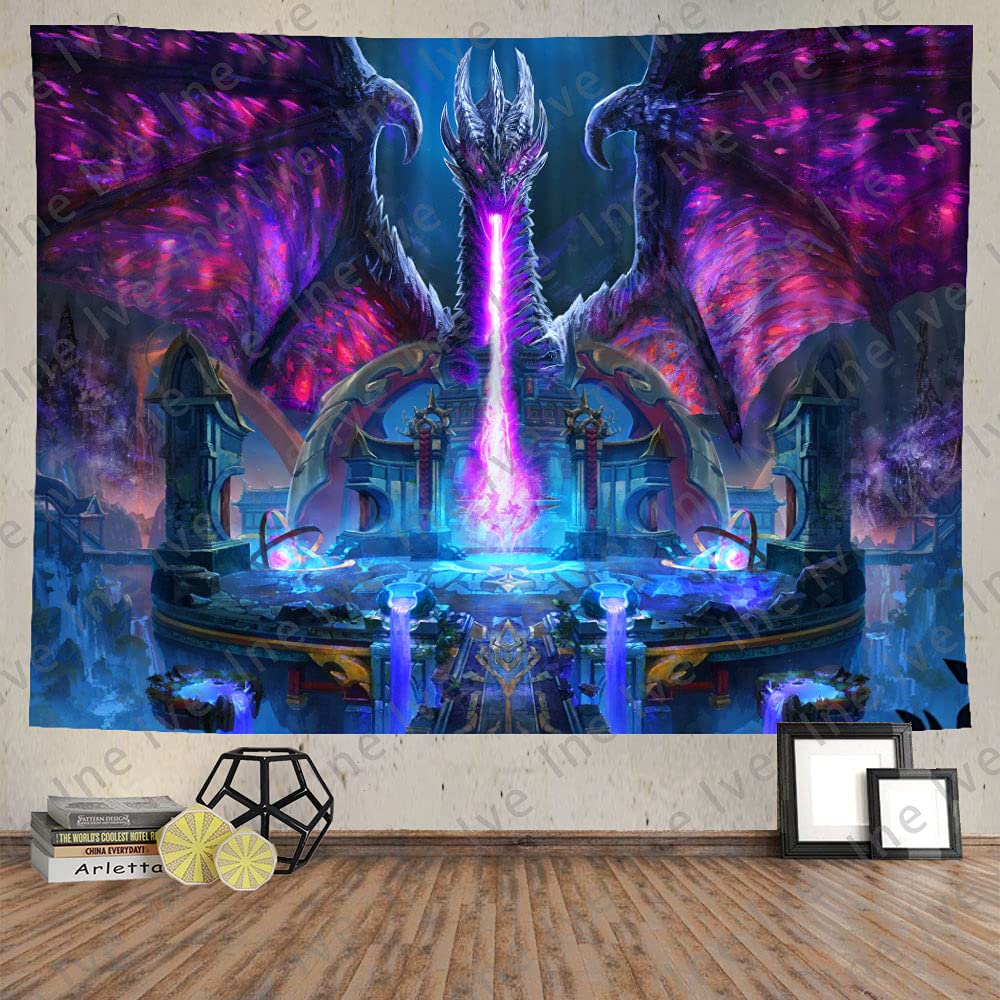 Ine Ive Fantasy Purple Dragon Tapestry Medieval Dargon Room Wall Decor  80X60 Inch Fire-breathing Altar Castle Game Tapestry Wall Hanging Flannel