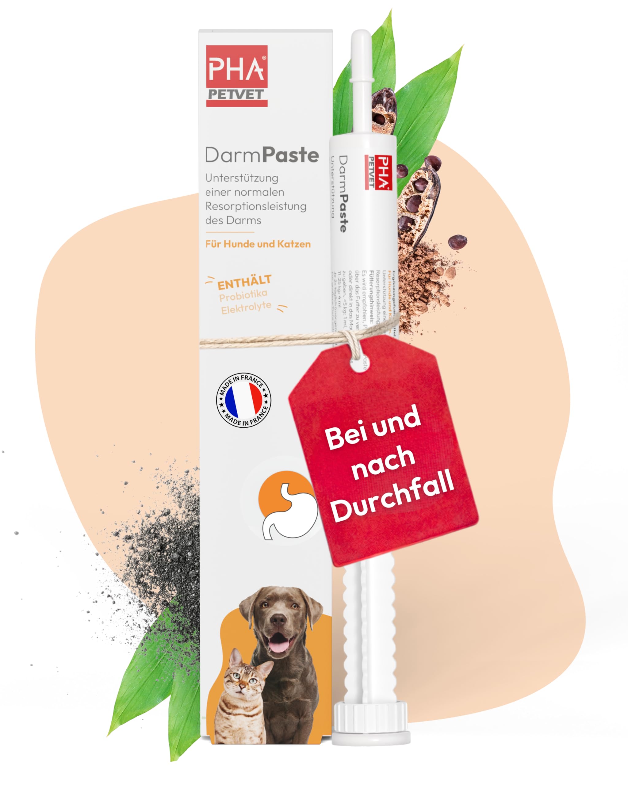 PHA DarmPaste für Hunde & Katzen - bei Durchfall Hund und Durchfall Katze einsetzbar zur natürlichen Unterstützung von Darm & Verdauung mit Probiotika & Aktivkohle, 15 ml