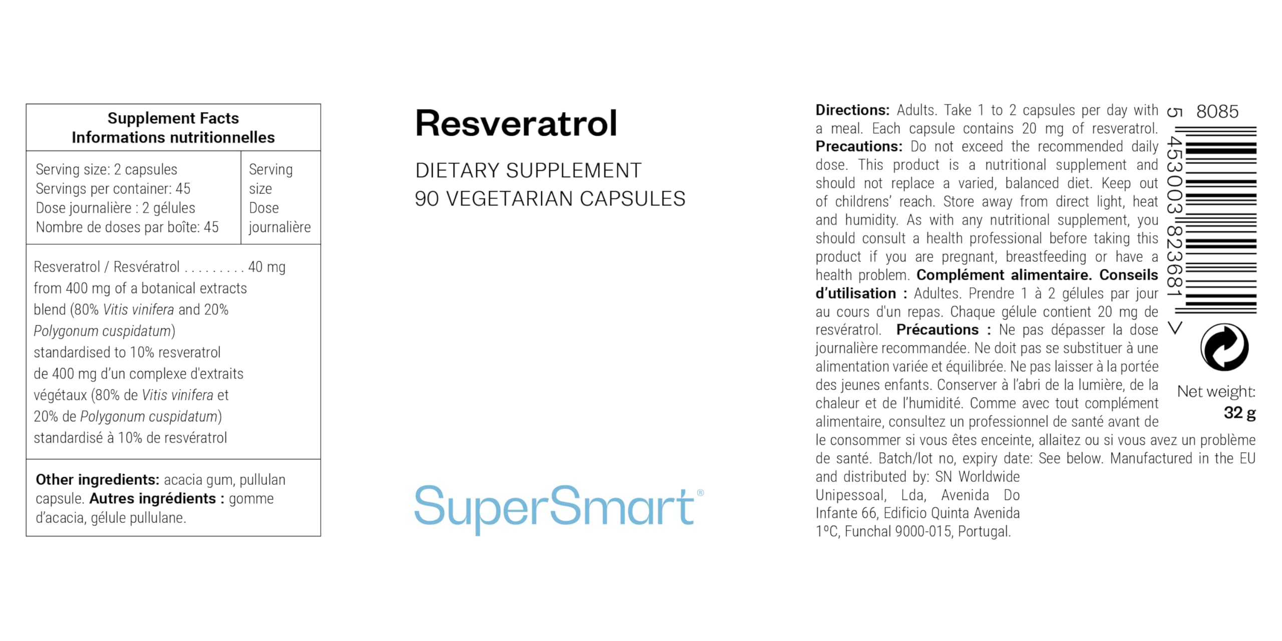 Resvératrol - Complément Antioxydant Naturel - Pour la Santé du Cœur, Diminuer le Cholestérol et le Bien-être Cellulaire - 60 gélules végétariennes - Vegan - SuperSmart