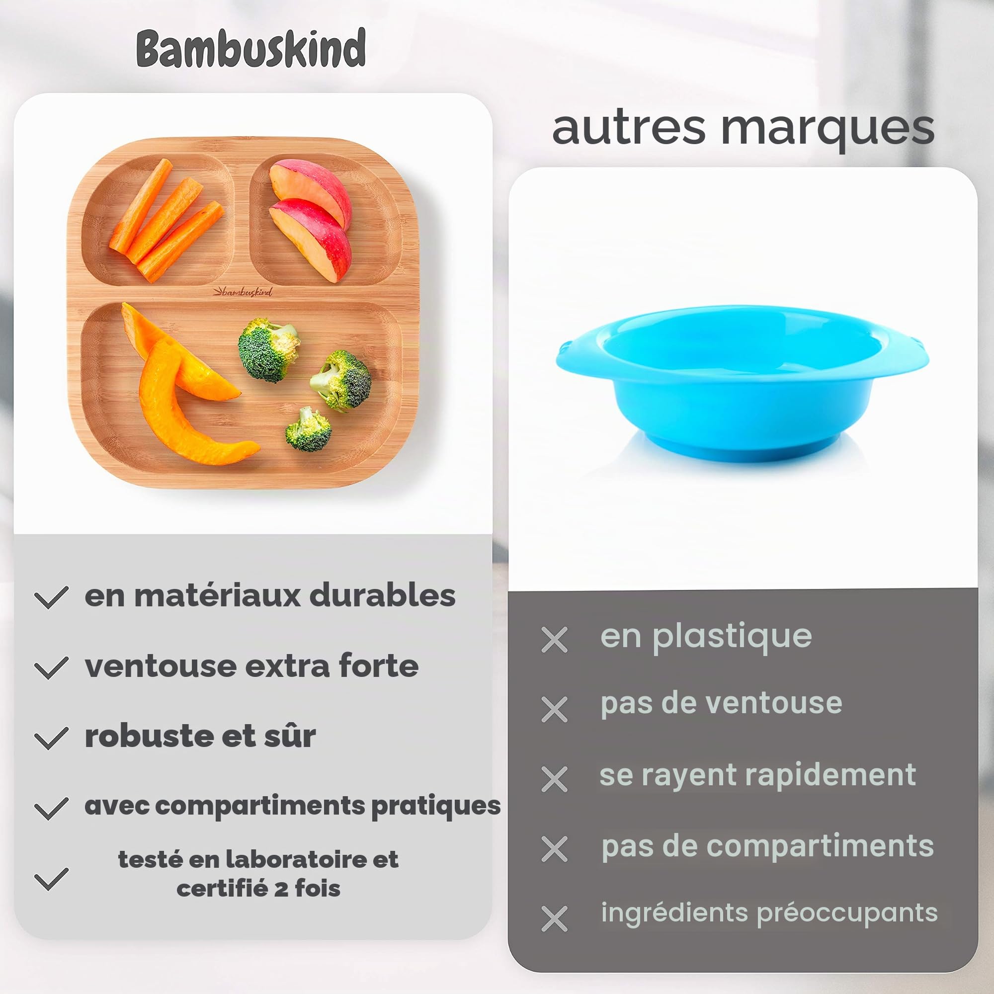 Assiette enfant avec ventouse cerise I Livre de recettes (français non garanti) I Assiette bébé antidérapante en bambou avec cuillère I Set de vaisselle pour apprendre à manger I Sans