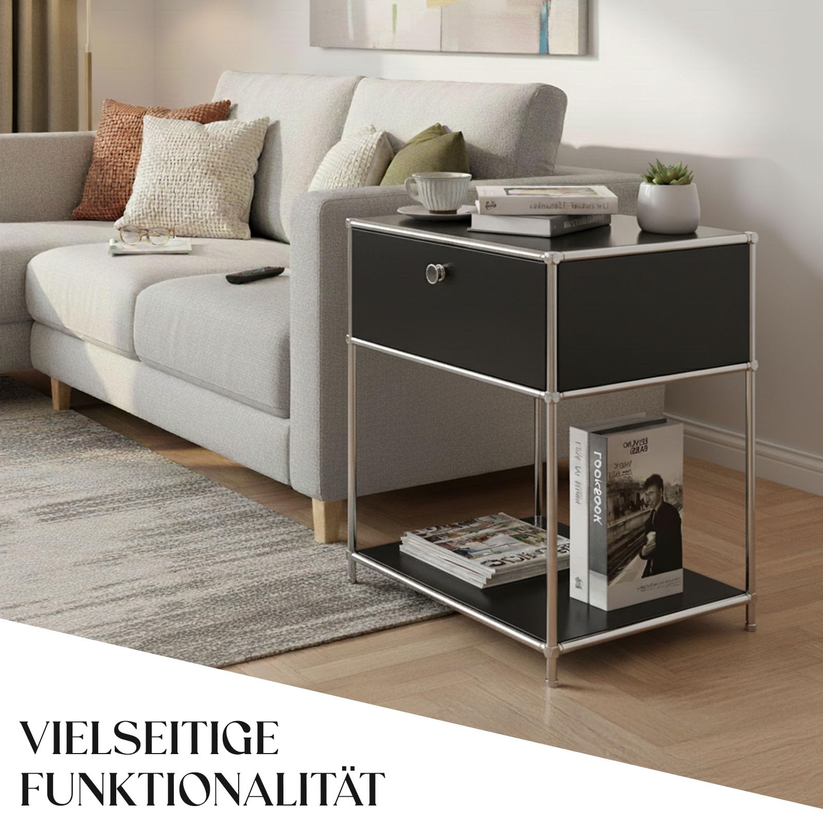 Floordirekt Regal, Metallregal, Beistelltisch - Schwarz, Chrom, 63Hx50Bx40T cm - Modulares Stecksystem im modernen Design, Metall Regal für Wohnzimmer, Büro, Flur - Nachttisch Concept Epure MK-139