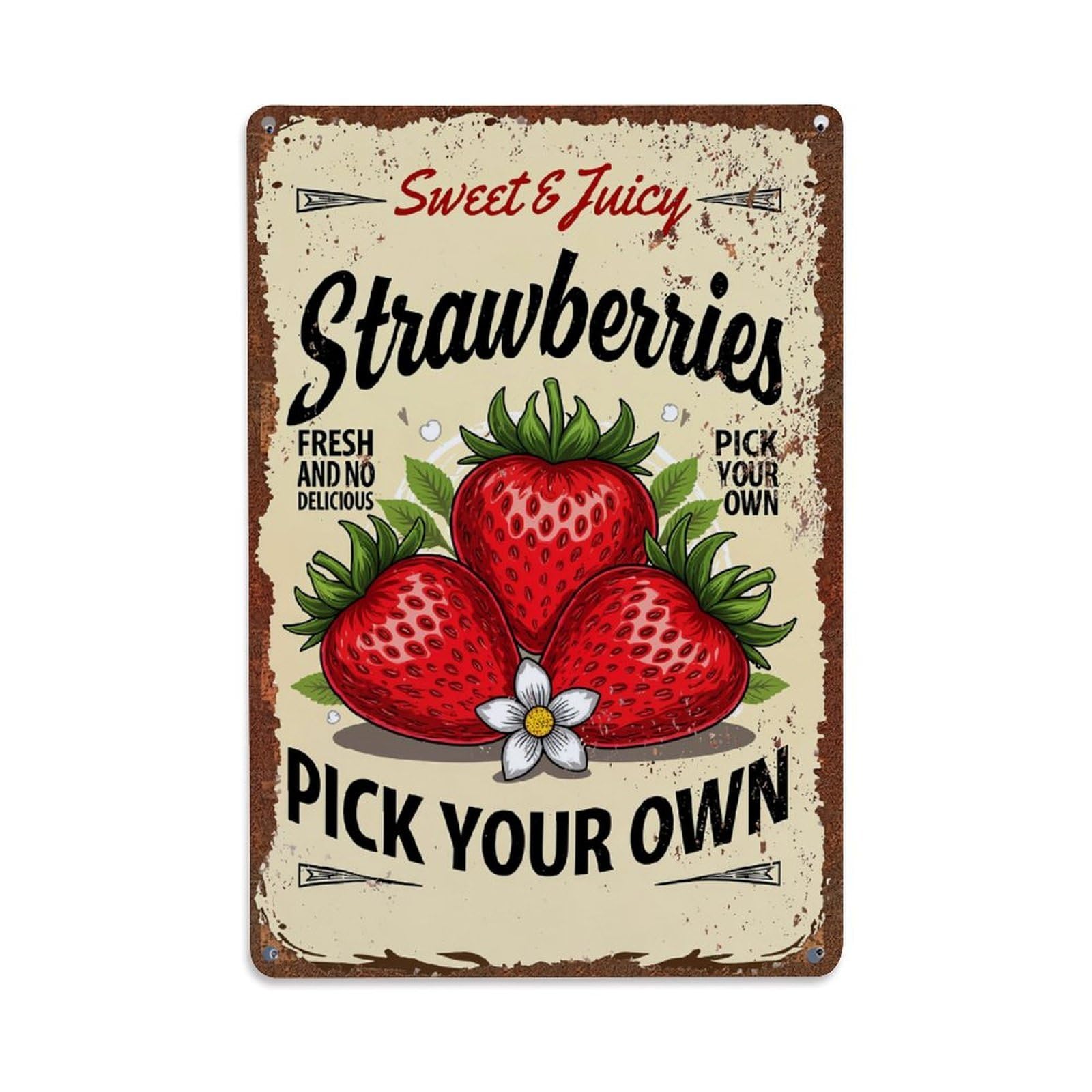 Jdyaojiesheng Vintage Sweet Juicy Strawberries Fresh Delicious Pick Your Own Tin Sign Retro Metal Wall Decor Metal Poster, Home Bar Garage Farmhouse Cafe Wall Art Decoration 8X12inches
