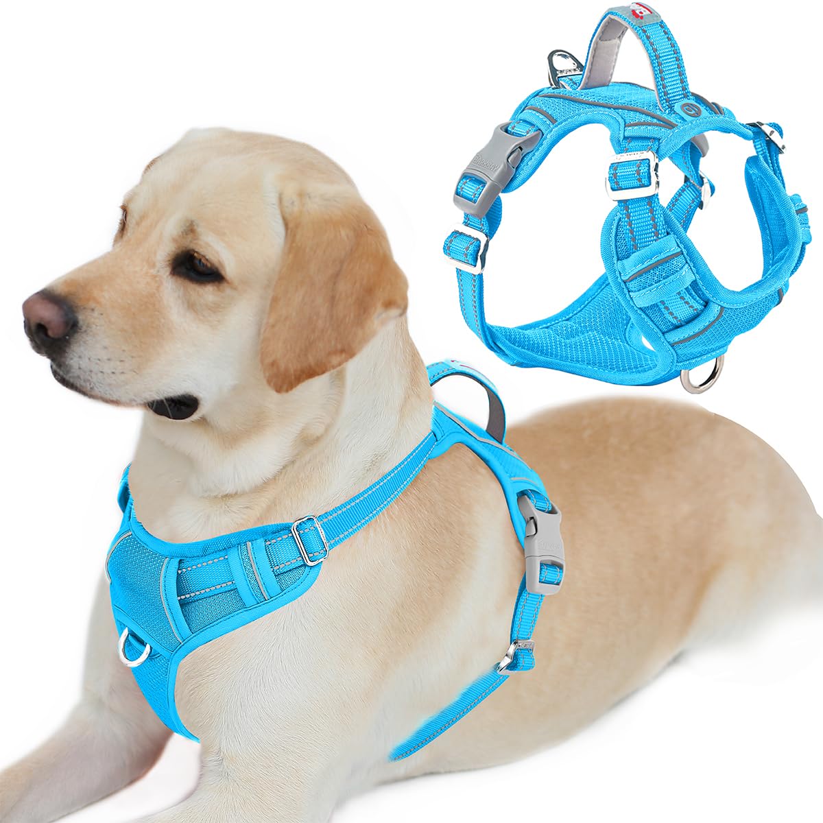 BARKBAY No Pull Dog Harness Front Clip Heavy Duty Reflective Easy Control Handle for Large Dog Walking with ID tag Pocket(Ocean Blue,L)