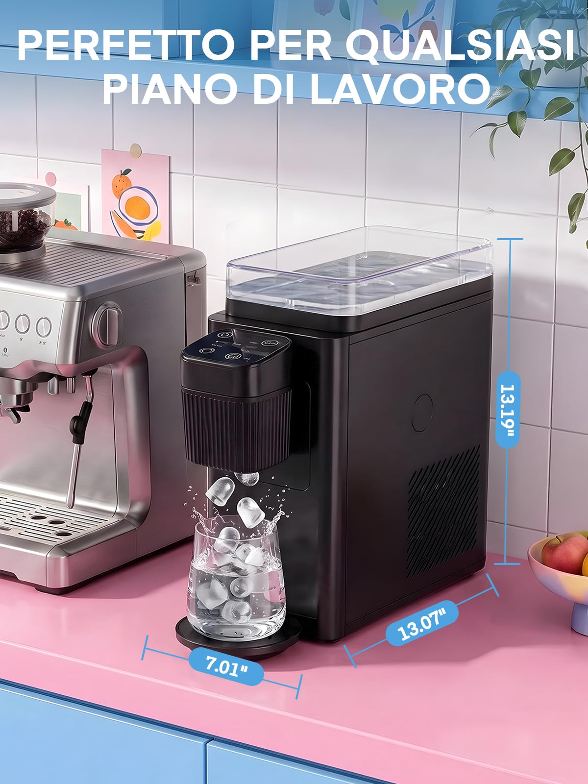FOHERE Macchina del Ghiaccio Portatile 11kg/24h, Per Congelare Varie Bevande, 5 Minuti 5 Cubetti, 2 Dimensioni di Ghiaccio, con Casa/Cucina/Ufficio/Feste
