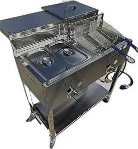 Deep Fryer Cart with 30 lb 3 Gallon Single Tank | Stainless Steel | Portable 4 Wheel | 2 Fryer Baskets | 2 Pan Steam Table | Outdoor Propane Frying Cart for Chicken, Fish, & More | Commercial & Home