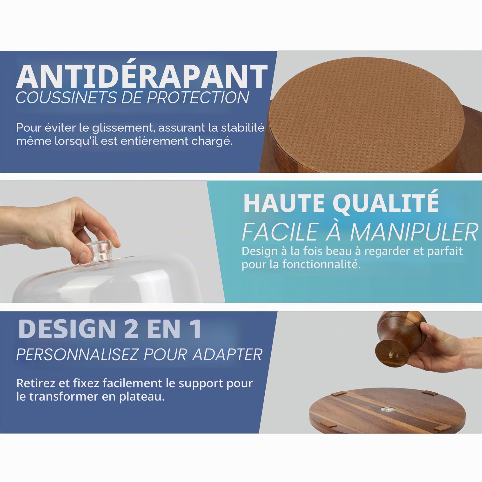 HEFTMAN Présentoir à gâteau 2 en 1 avec Couvercle en Forme de dôme | en bois d'acacia antidérapant avec couvercle en acrylique transparent pour gâteaux, pâtisseries, planches à fromage