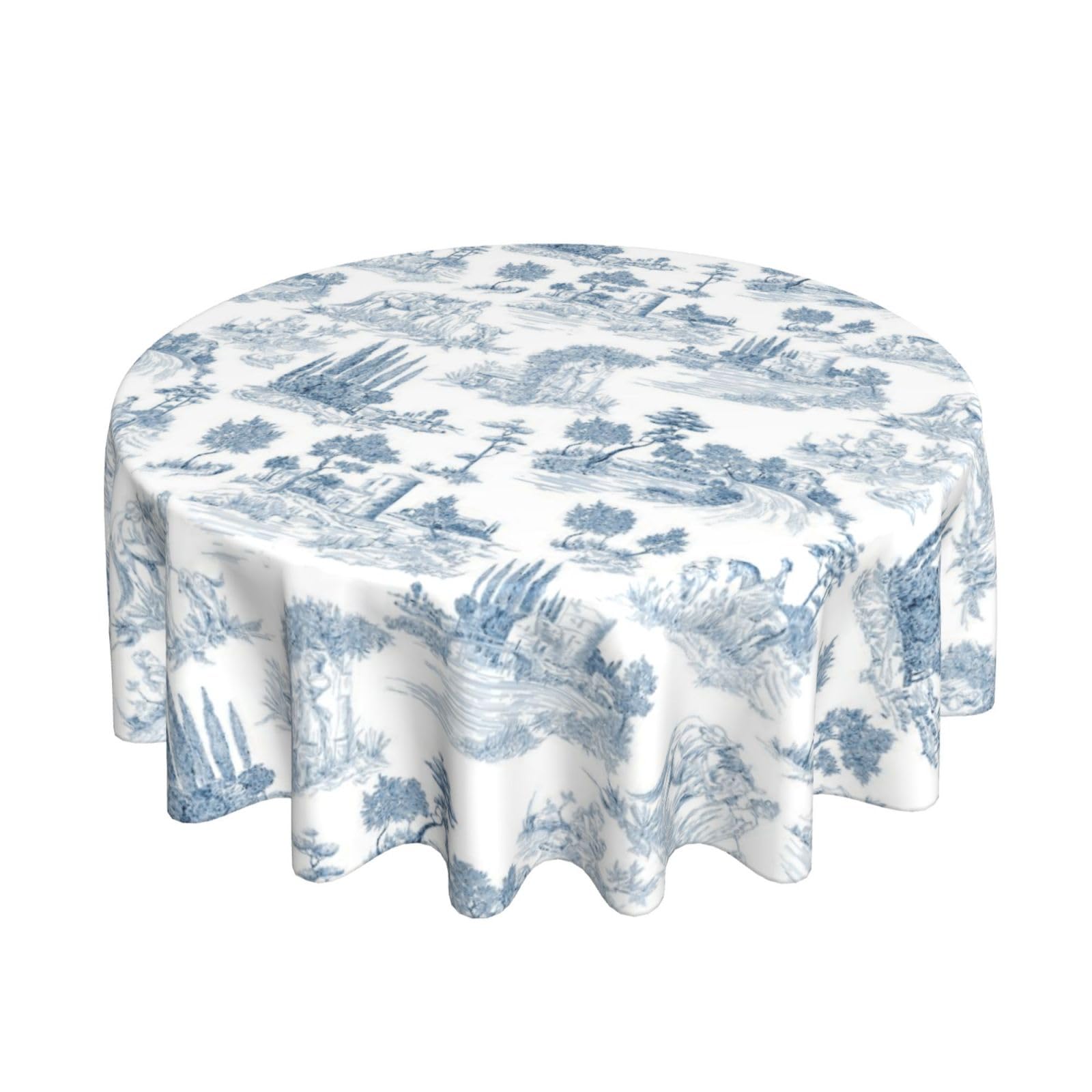 BYONEESS Vintage French Country Tablecloth 60 Inch Round Toile Blue White Village Table Cloths Rustic Print Classic Table Cover for Holiday Kitchen Party Picnic Outdoor Decor