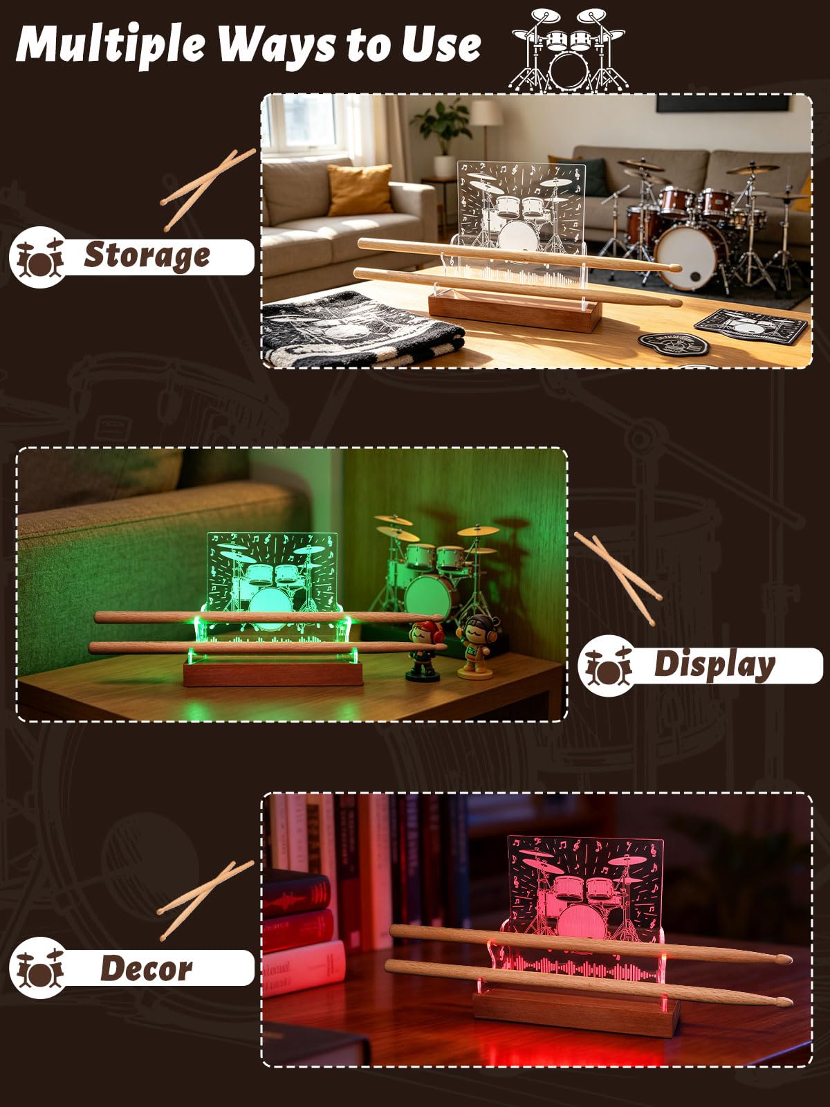 CoolGift Mart Support de baguettes de batterie lumineux pour présentation et collections, cadeau de batterie pour hommes, femmes, garçons, filles, batteurs, anniversaire, Noël, accessoires de batterie