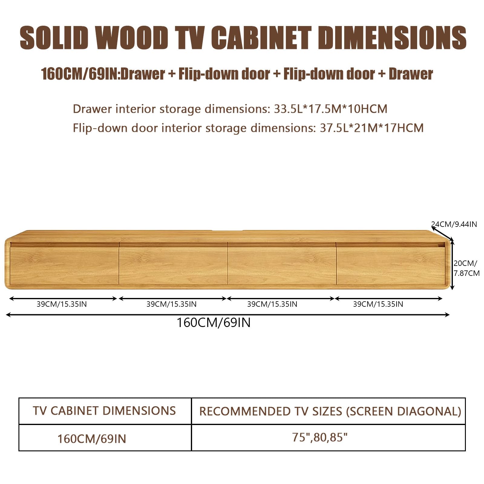 zaqiming Mueble de TV Suspendido con 2 Puerta 2 cajón, 160-240CM Madera Maciza muebele TV para TV para Salón, Dormitorio (Wood Color, 160X24X20CM)