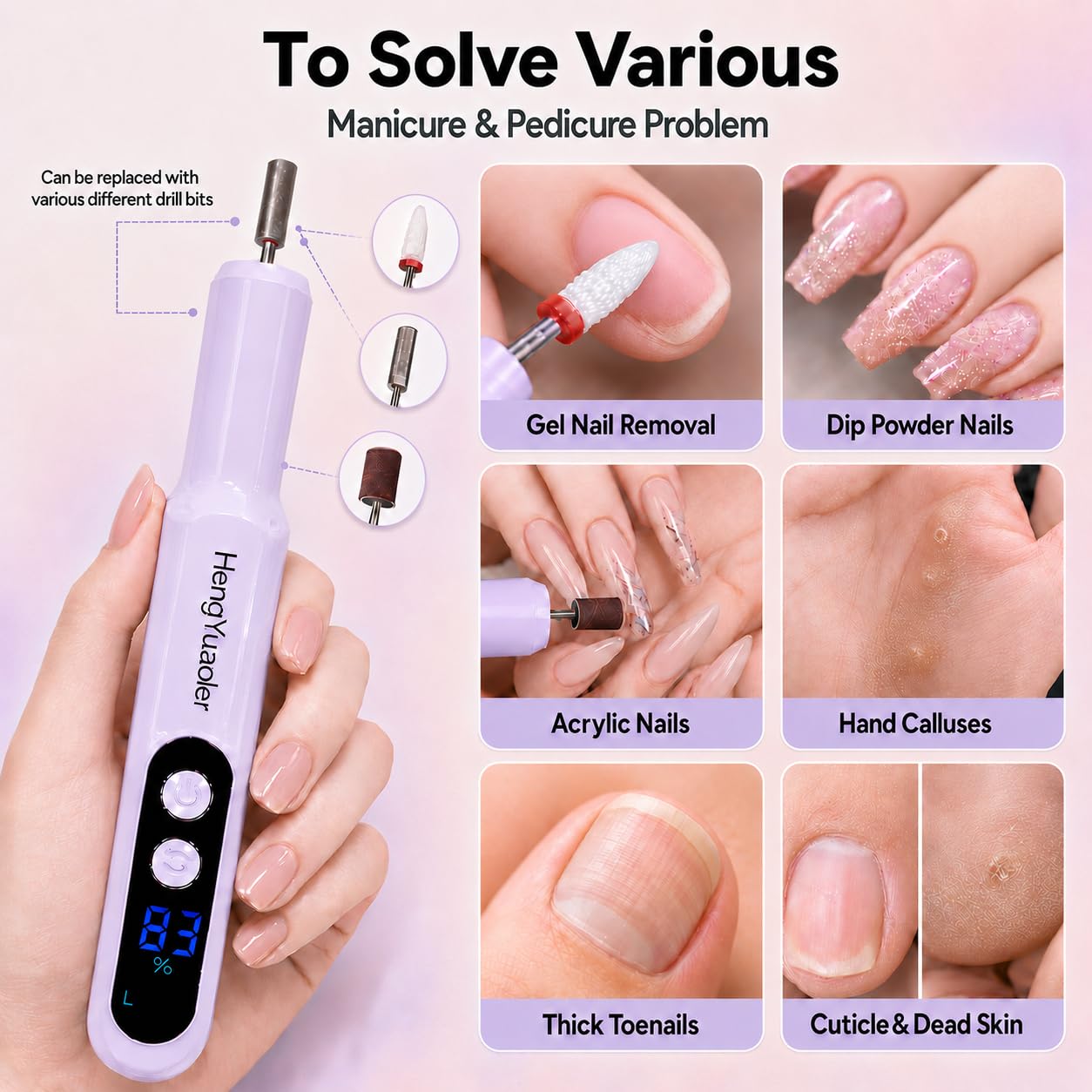 Ponceuse pour Ongles Professionnelle,Portable Lime à Ongles Electrique avec Affichage LED,5 Vitesses Réglables Perceuse à Ongles Kit de Manucure Pédicure（Violet）
