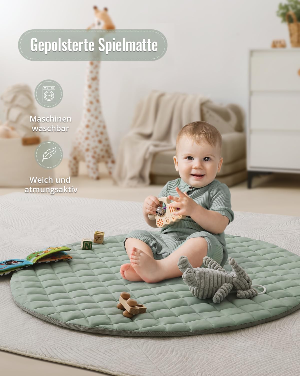 Blissful Diary Spielbogen Baby, Spieldecke Baby Gym Activity Decke mit 6 Abnehmbare Spielzeuge, krabbeldecke Einfach zu Installieren und zu Reinigen, Unverzichtbare Babygeschenke, Salbeigrün