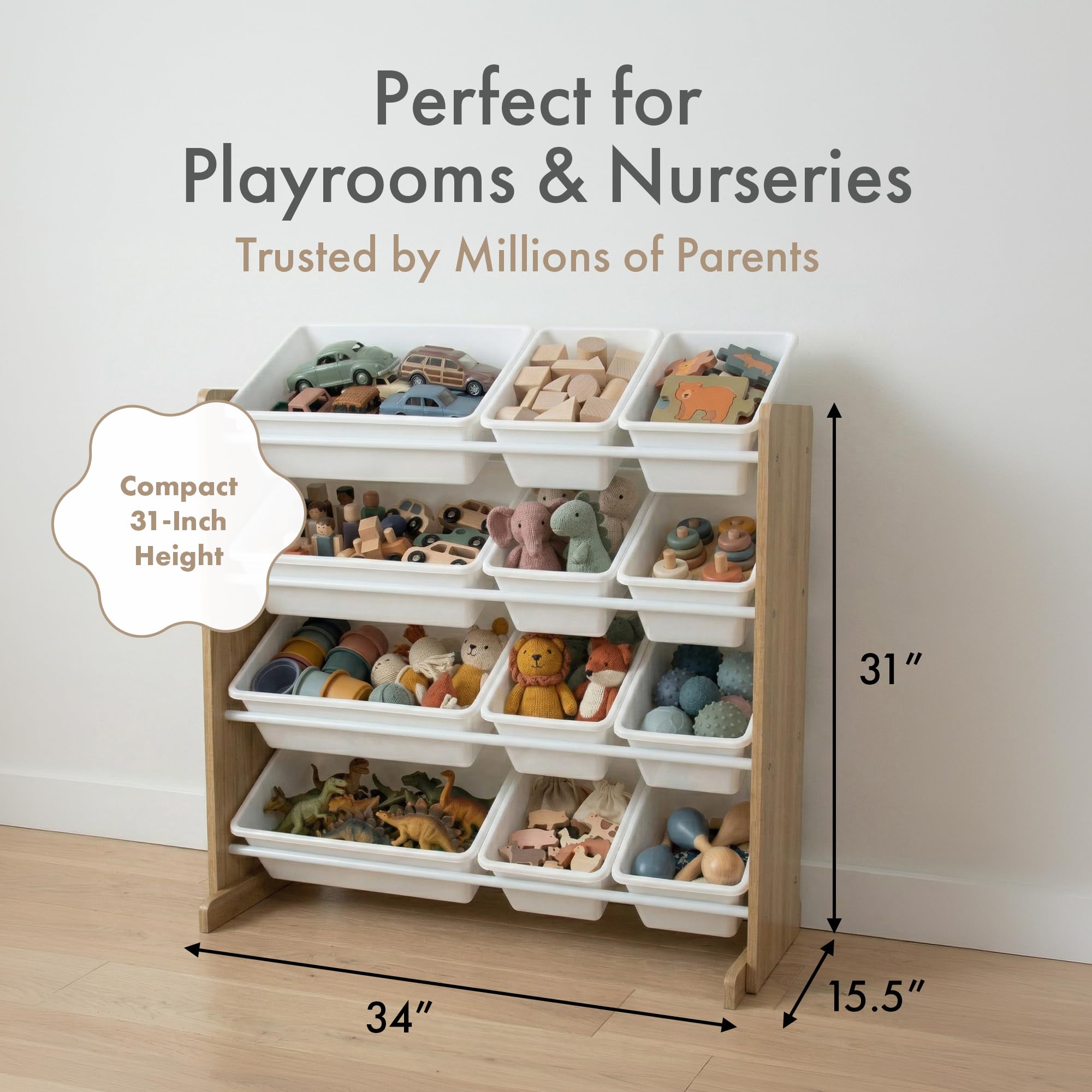 Humble Crew WO70526 Estantería para Niños - Estantería Organizadora para Juguetes con 12 Cajas de Almacenamiento, Natural/Blanco