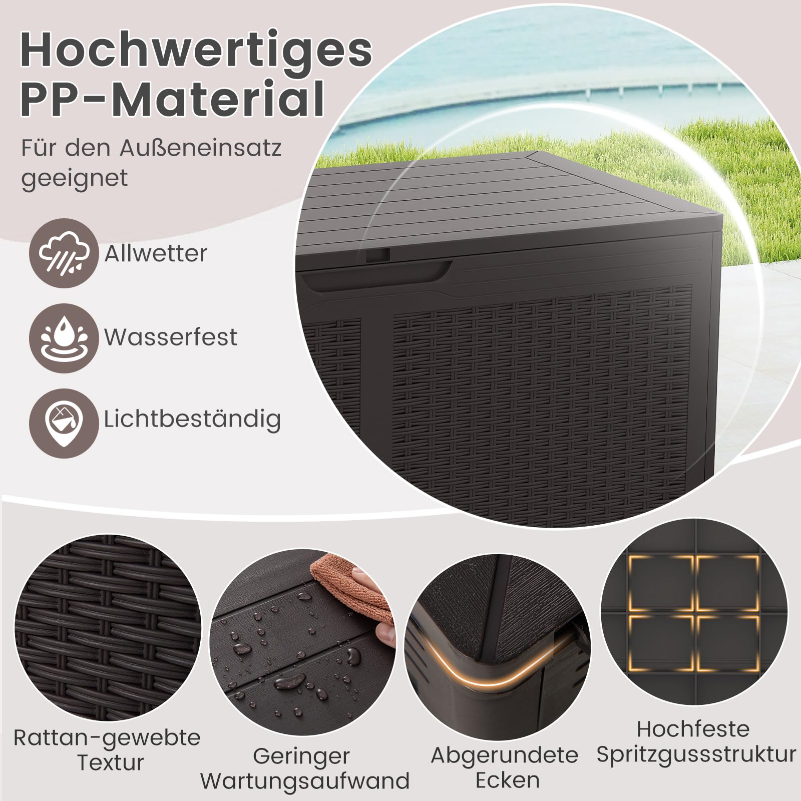 COSTWAY 380 L Gartenbox mit Rollen, Auflagenbox wasserdicht inkl. Deckel, Aufbewahrungsbox Gartentruhe mit Rattanstruktur für Poolzubehör, Gartengeräte & Balkon (Braun)