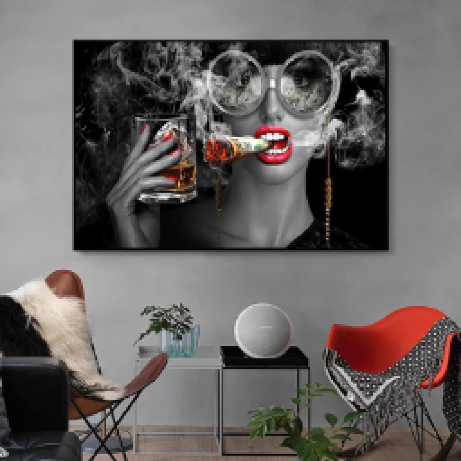GEMMII Leinwandbild XXL- Sexy Frau Poster Rauchen Malerei Leinwand Wandkunst Bilder Für Bar Moderne Wohnkultur Gläser Wein Zigarette 80x120 cm Rahmenlos