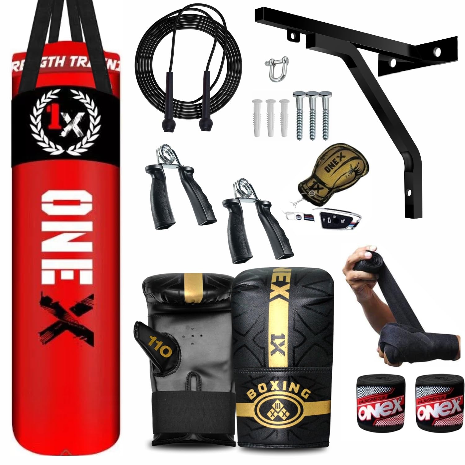 Onex Red series 4-5 FT Filled Heavy Punch Bag Set,Chains,Bracket, Punching Gloves Mitts for Training Fitness Water proof Bag MMA (4ft Red +Wall Bracket)