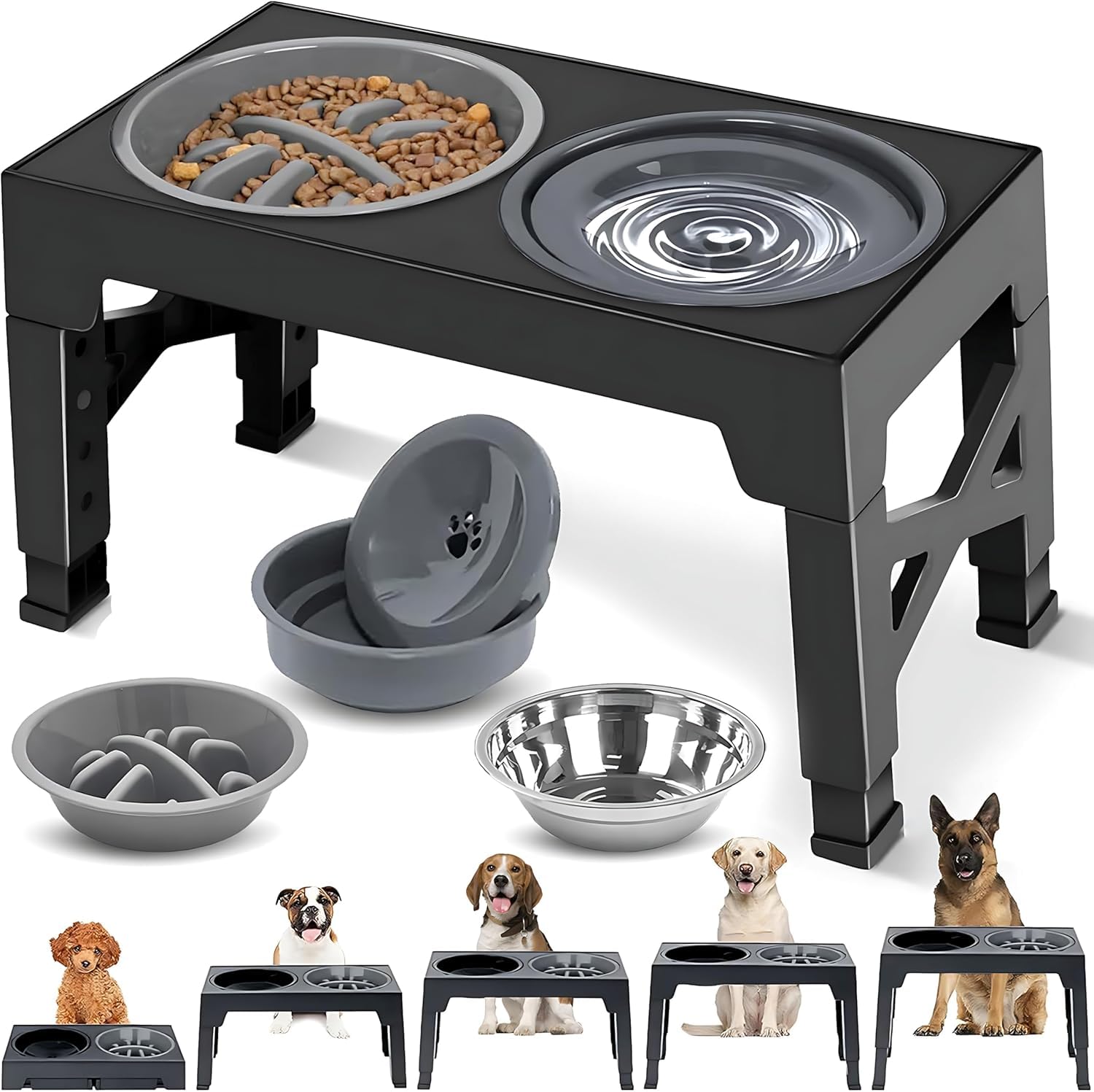 Comedouro Elevado para Cães Gatos, com Comedouro Lento e Pote de Racao Inox, Dobrável, 5