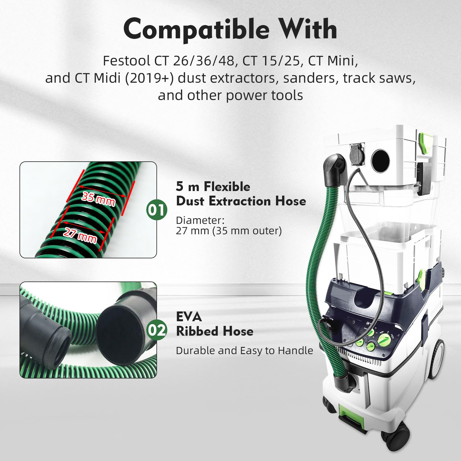 5 m Wąż Odkurzacza do Pyłu Kompatybilny z Festool CT 26/36/48, CT 15/25, CT Mini & CT Midi od 2019, D27 (Ø35 mm) Wąż do Szlifierek i Systemów Odkurzania