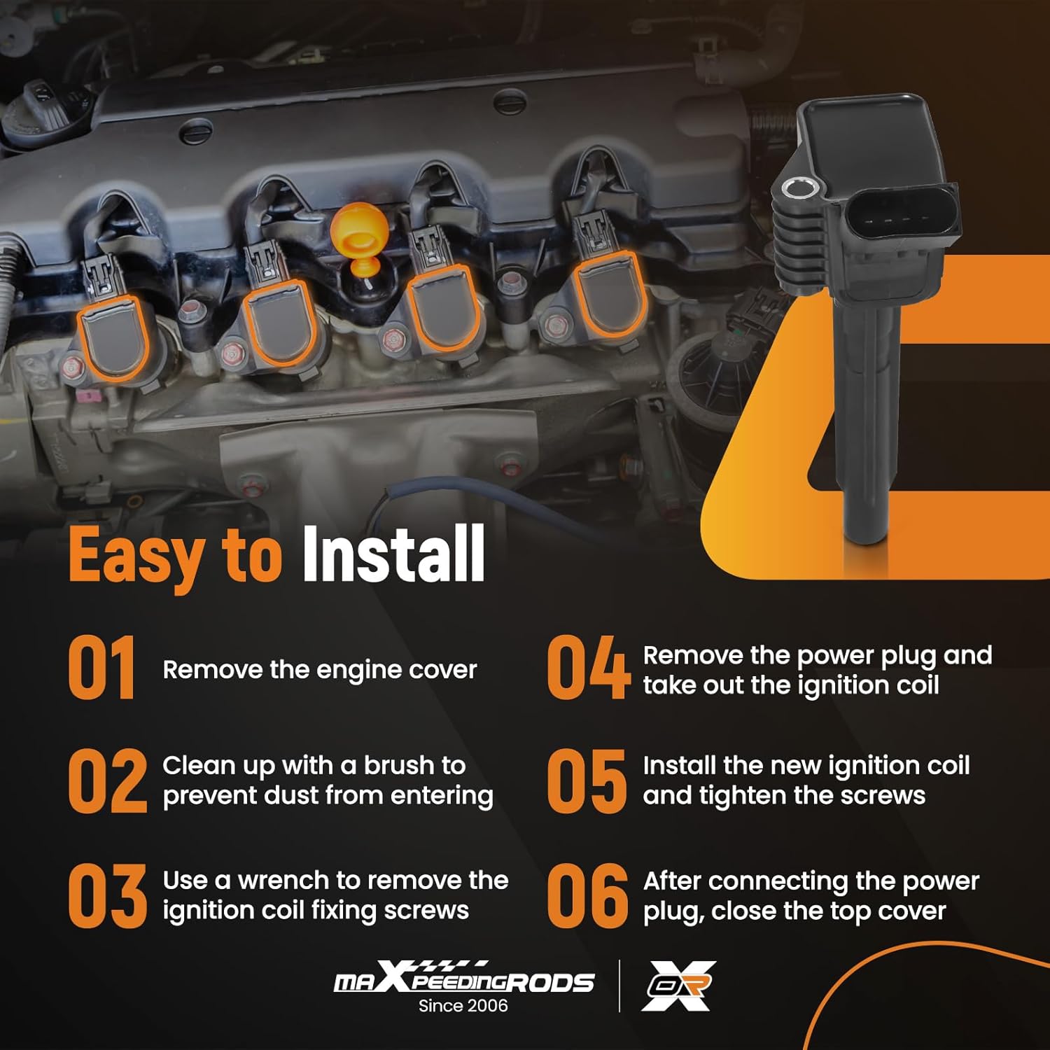 maXpeedingrods UF765 Ignition Coil Pack for VW Audi L4 Engine, 2014-2019 Jetta Passat Beetle, 2015-2018 Golf A3 TT Quattro, 2017-2019 A4, 2.0L 1.8L 1.4L UF716 (4PCS)