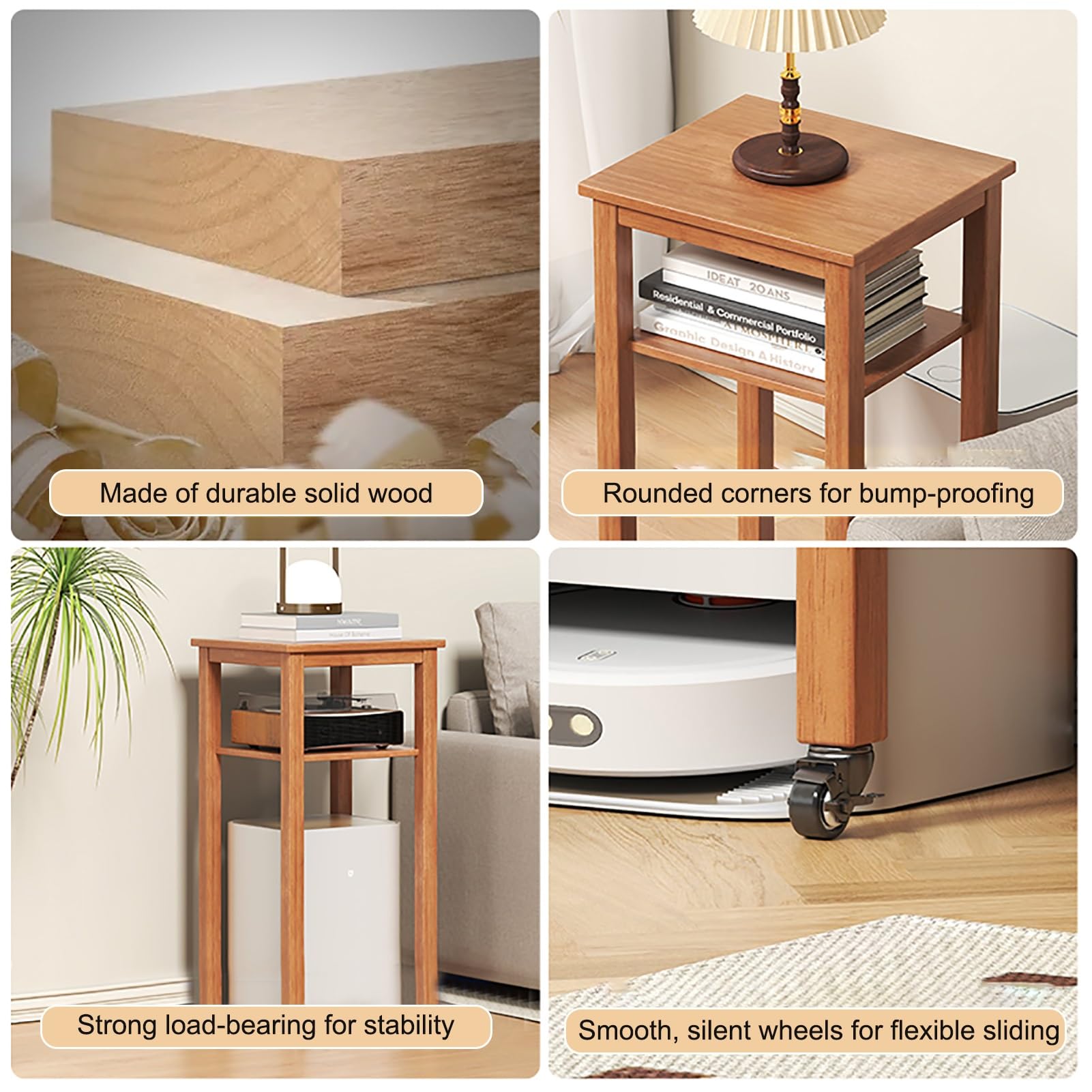 Roboter-Staubsauger-Unterschrank, mobiler Staubsauger-Unterschrank mit Rollen, stehendes Holzregal, Beistelltisch für Wohnzimmer, Küche, Büro, einfacher Wasserwechsel (Holz, 55 cm/22 Zoll)