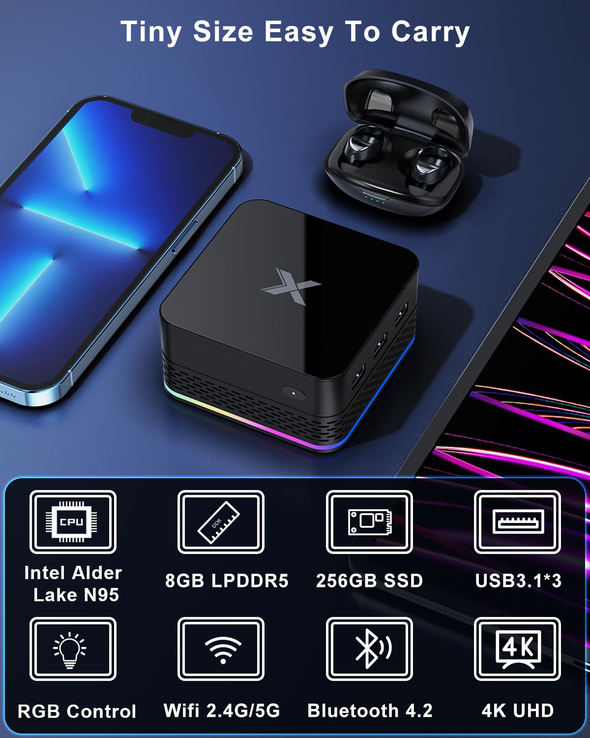 SUKOTOP Mini PC Alder Lake N95 (fino a 3,4 GHz,15 W) 8 GB LPDDR5 256 GB Desktop, 4K @60HZ HD Triple Display, 2.4/5G WiFi, RJ45 Gigabit Ethernet, BT4.2, VESA per Desktop