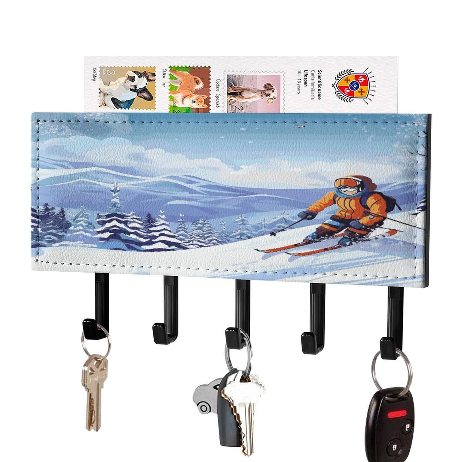 LDGSUPH Winter Skiing Key Holder Wall Mount Key Hanger with 5 Hooks Fashion Key Organizer Rack Hanging Key Hooks with Mail Organizer Key Rack for Home Entryway Hallway Black-Style