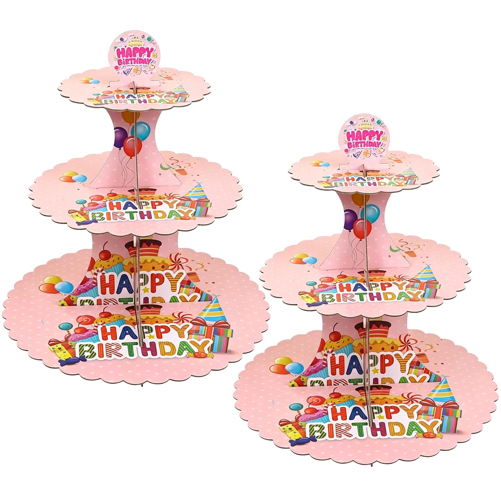PYGHAP 2 Pack Cake Stand, Cardboard Cupcake Stand 3 Tier Dessert Holder Round Tower Cardboard Cake Stands for Christmas Birthday Wedding Easter Party Supplies (Birthday Pink)