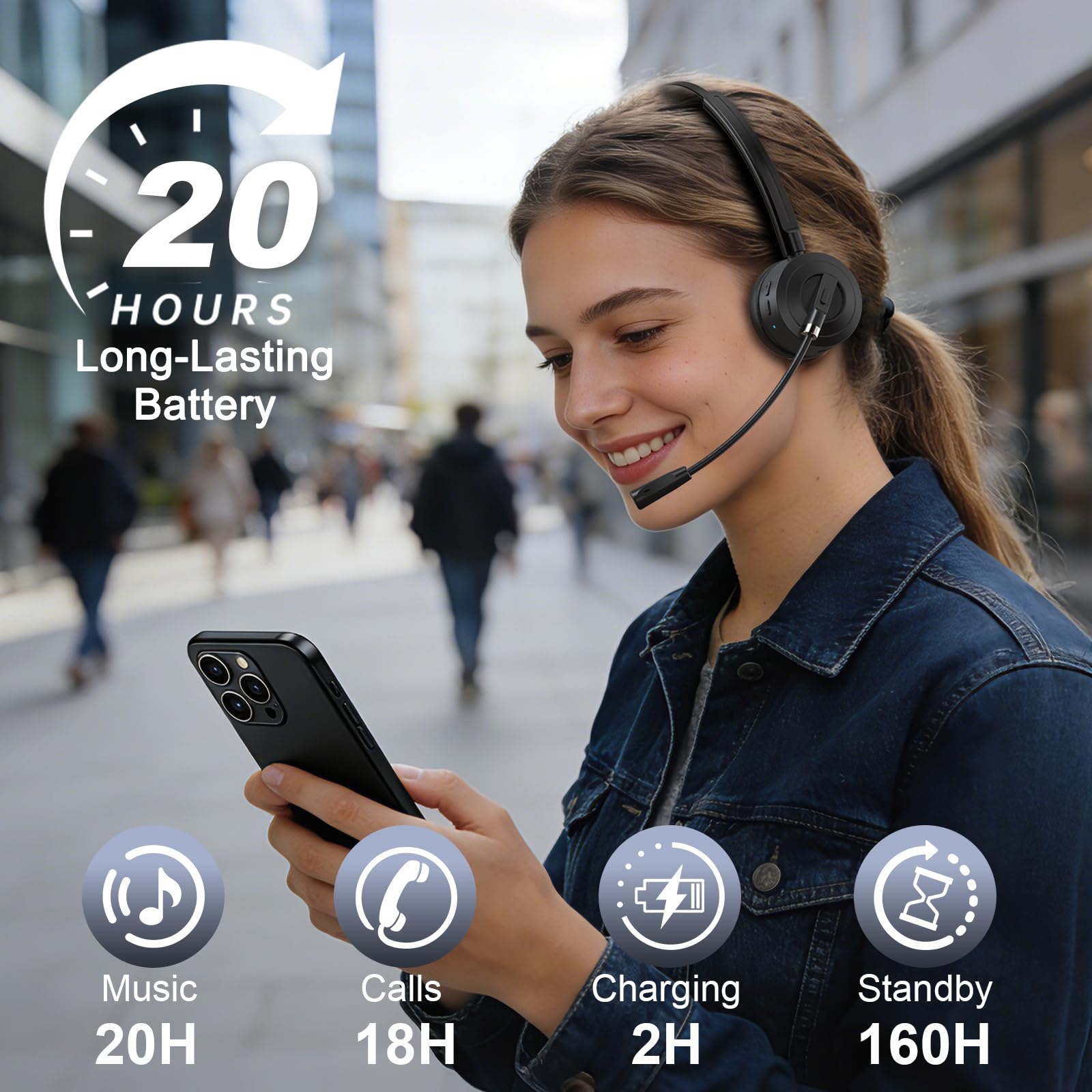 ShinePick Casque Bluetooth sans Fil avec Micro, Mains Libres, Casque Appel