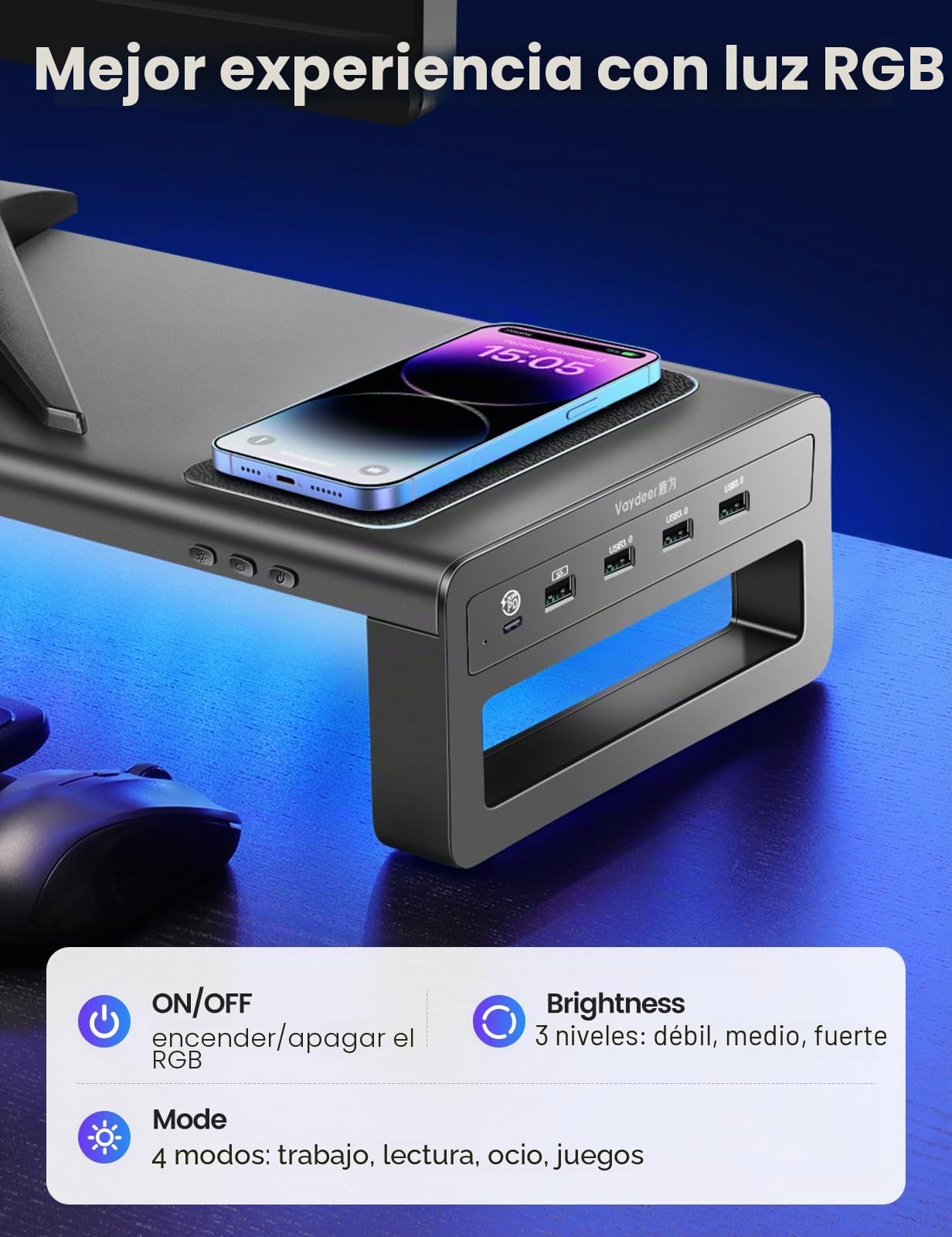 VAYDEER Soporte para Monitor con Carga Inalámbrica y USB | Soporte metálico con carga inalámbrica, puertos USB y cajones para organizar el escritorio